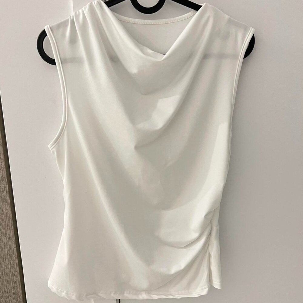 White flowy cowl like neck draped Tank